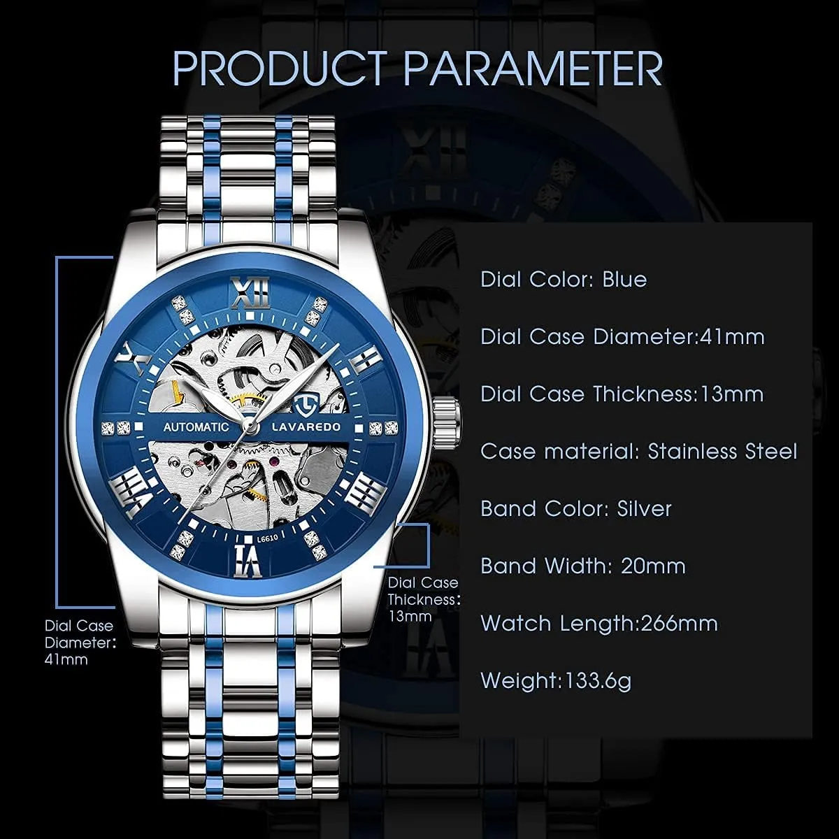 Self-Winding fungal unexpectedly van gentleman anecdote Roman Numerals Diamond Dial Wrist Watch A ALPS Mens Watch Skeleton Luxury Mechanical Stainless Steel Waterproof Black Automatic 