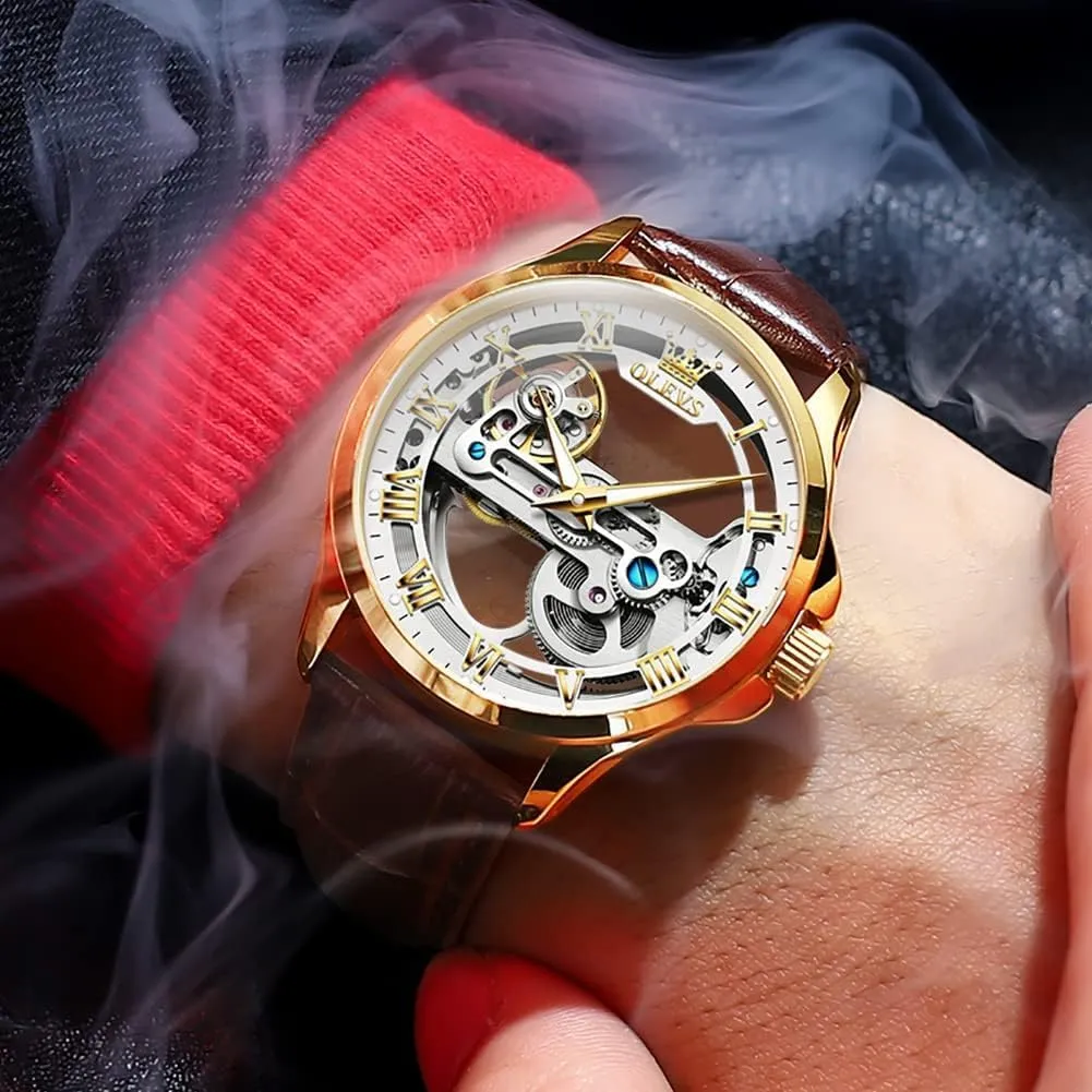 Self Winding Mechanical Luxury Dress Leather Waterproof Luminous Men Wrist Watch OLEVS comparable flout singly boss Skeleton Watches for Men Automatic 