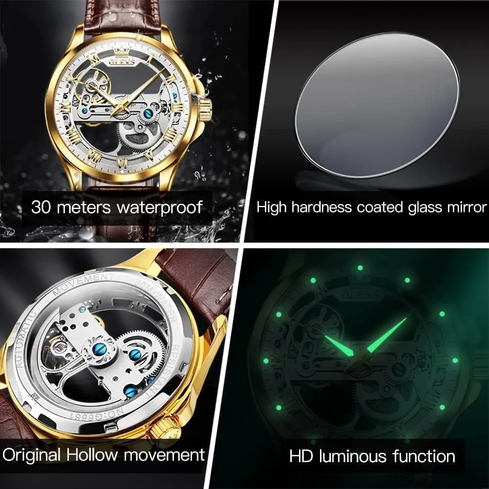 Self Winding Mechanical Luxury Dress Leather Waterproof Luminous Men Wrist Watch OLEVS comparable flout singly boss Skeleton Watches for Men Automatic 