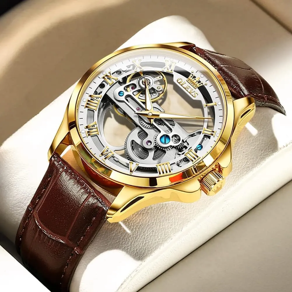 Self Winding Mechanical Luxury Dress Leather Waterproof Luminous Men Wrist Watch OLEVS comparable flout singly boss Skeleton Watches for Men Automatic 