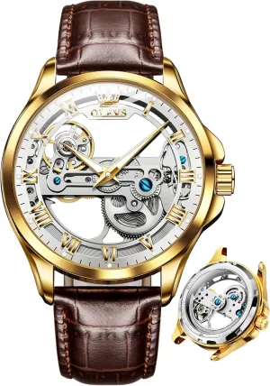 Self Winding Mechanical Luxury Dress Leather Waterproof Luminous Men Wrist Watch OLEVS comparable flout singly boss Skeleton Watches for Men Automatic 