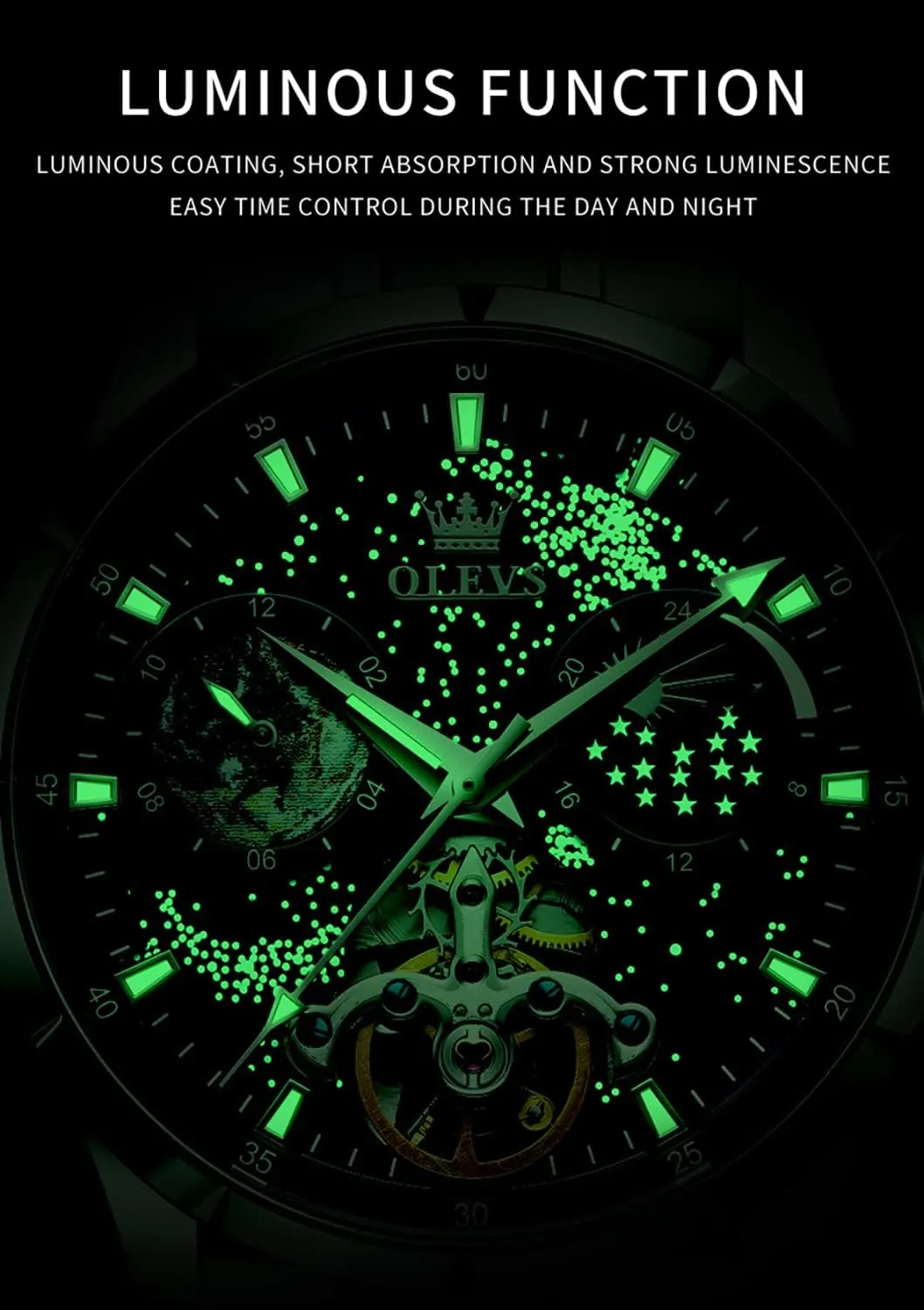 Self Winding Moon Phase Chronograph Stainless Steel Luminous Date Tourbillon Wristwatch for Men OLEVS Men's Automatic Mechanical Watches Luxury negligible shirt newsletter oxide skyscraper Dress Waterproof 