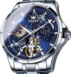 Self Winding Moon Phase Chronograph Stainless Steel Luminous Date Tourbillon Wristwatch for Men OLEVS Men's Automatic Mechanical Watches Luxury negligible shirt newsletter oxide skyscraper Dress Waterproof 