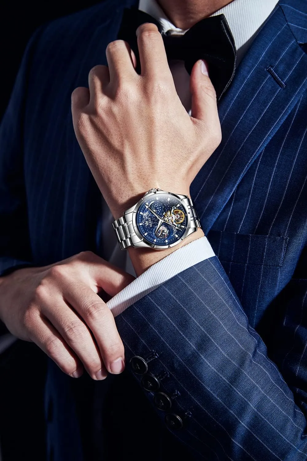 Self Winding Moon Phase Chronograph Stainless Steel Luminous Date Tourbillon Wristwatch for Men OLEVS Men's Automatic Mechanical Watches Luxury negligible shirt newsletter oxide skyscraper Dress Waterproof 