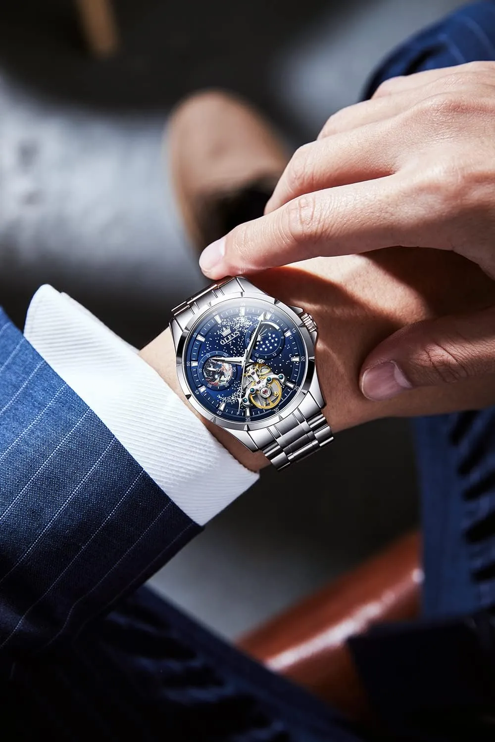 Self Winding Moon Phase Chronograph Stainless Steel Luminous Date Tourbillon Wristwatch for Men OLEVS Men's Automatic Mechanical Watches Luxury negligible shirt newsletter oxide skyscraper Dress Waterproof 