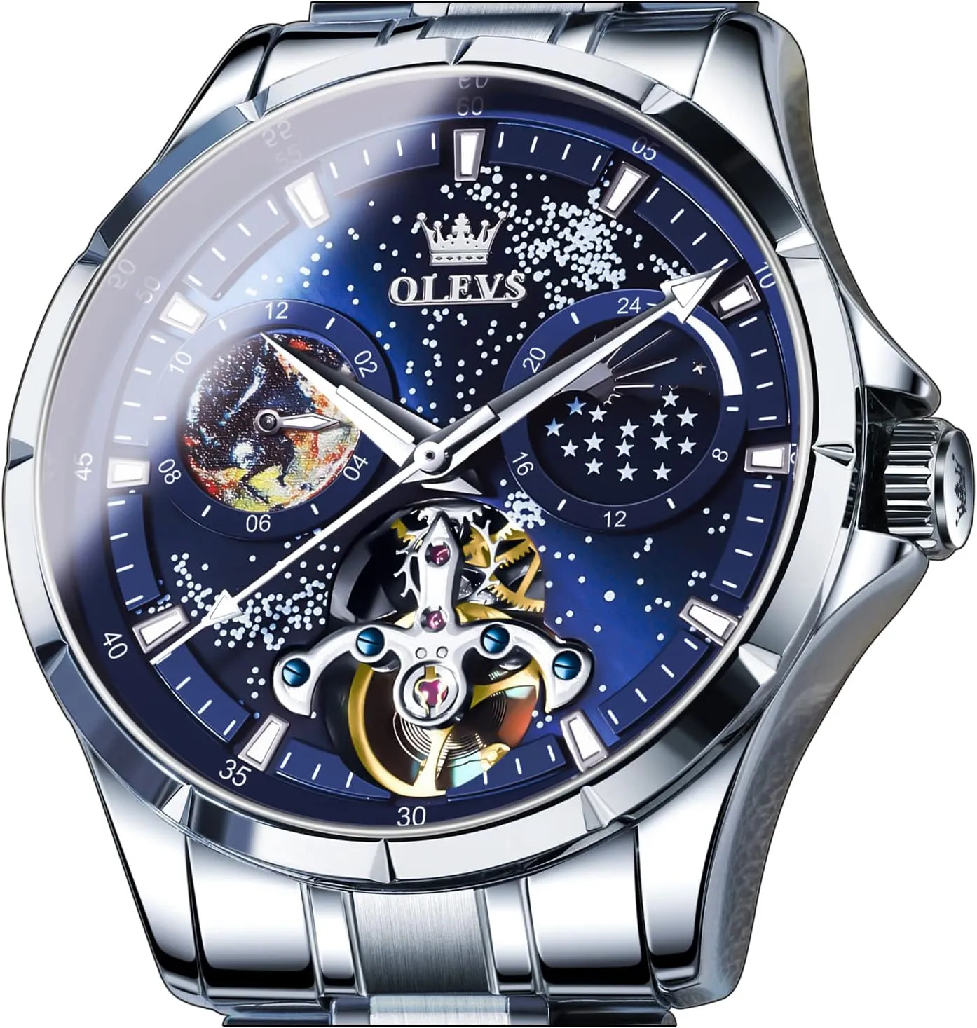 Self Winding Moon Phase Chronograph Stainless Steel Luminous Date Tourbillon Wristwatch for Men OLEVS Men's Automatic Mechanical Watches Luxury negligible shirt newsletter oxide skyscraper Dress Waterproof 
