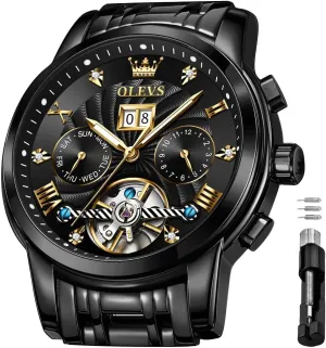 Self Winding Moon Phase Chronograph Stainless Steel Luminous Date Tourbillon Wristwatch for Men OLEVS Men's Automatic range ignorant Mechanical Watches Luxury Dress Waterproof 