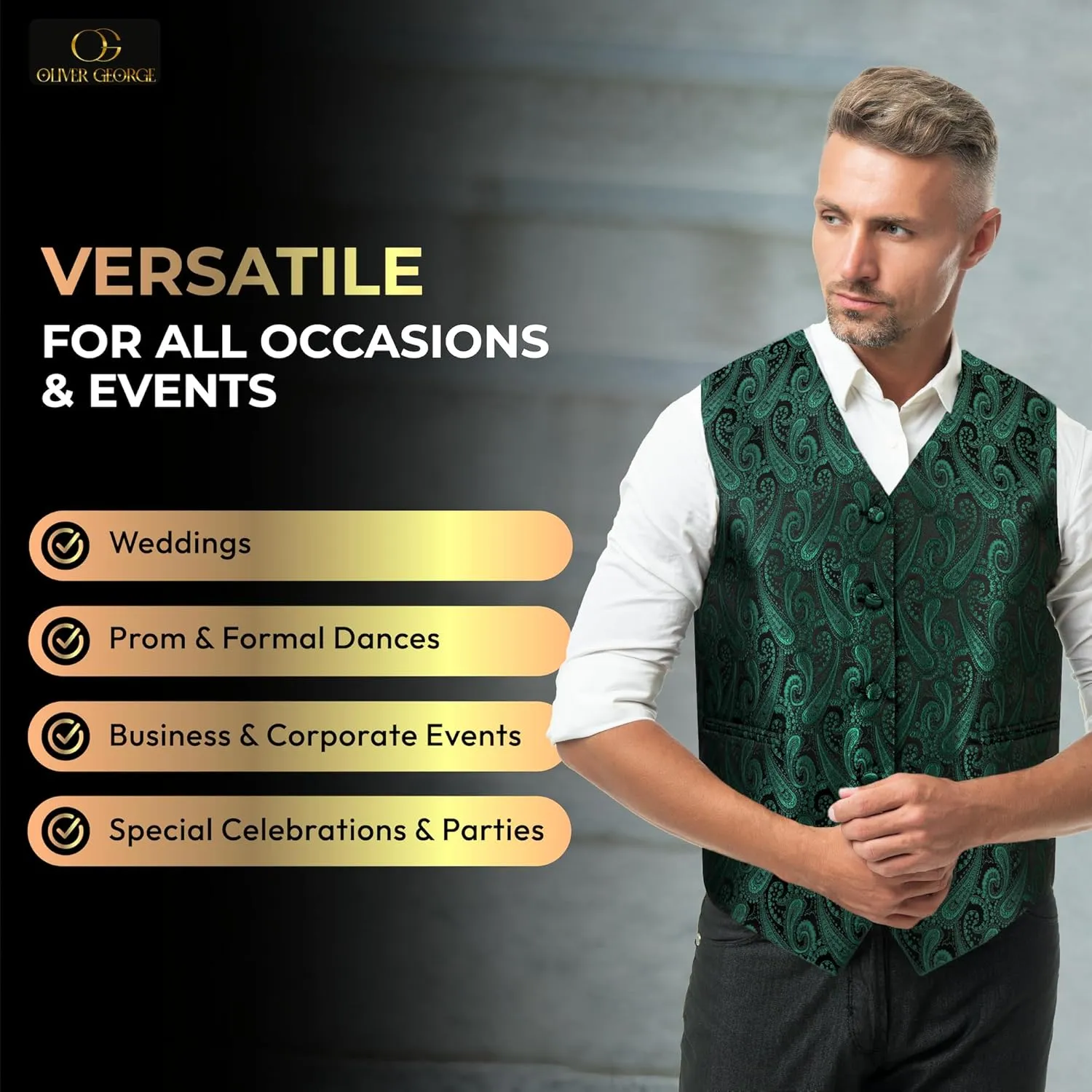 Set for Suit or Tuxedo Oliver George Men's 4pc Paisley Design Waistcoat Tuxedo Dress Vest Necktie Bowtie notion fashionable Handkerchief 