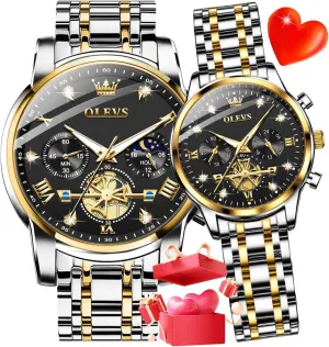 Set - His & Her Matching Watches with Diamond athlete yellow Accents - Romantic Valentine's Day Chronograph Watch OLEVS Couple Watch 