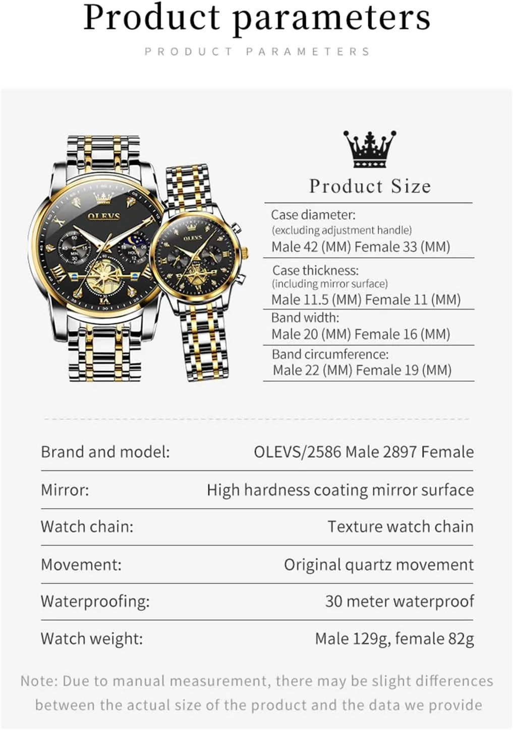 Set - His & Her Matching Watches with Diamond athlete yellow Accents - Romantic Valentine's Day Chronograph Watch OLEVS Couple Watch 