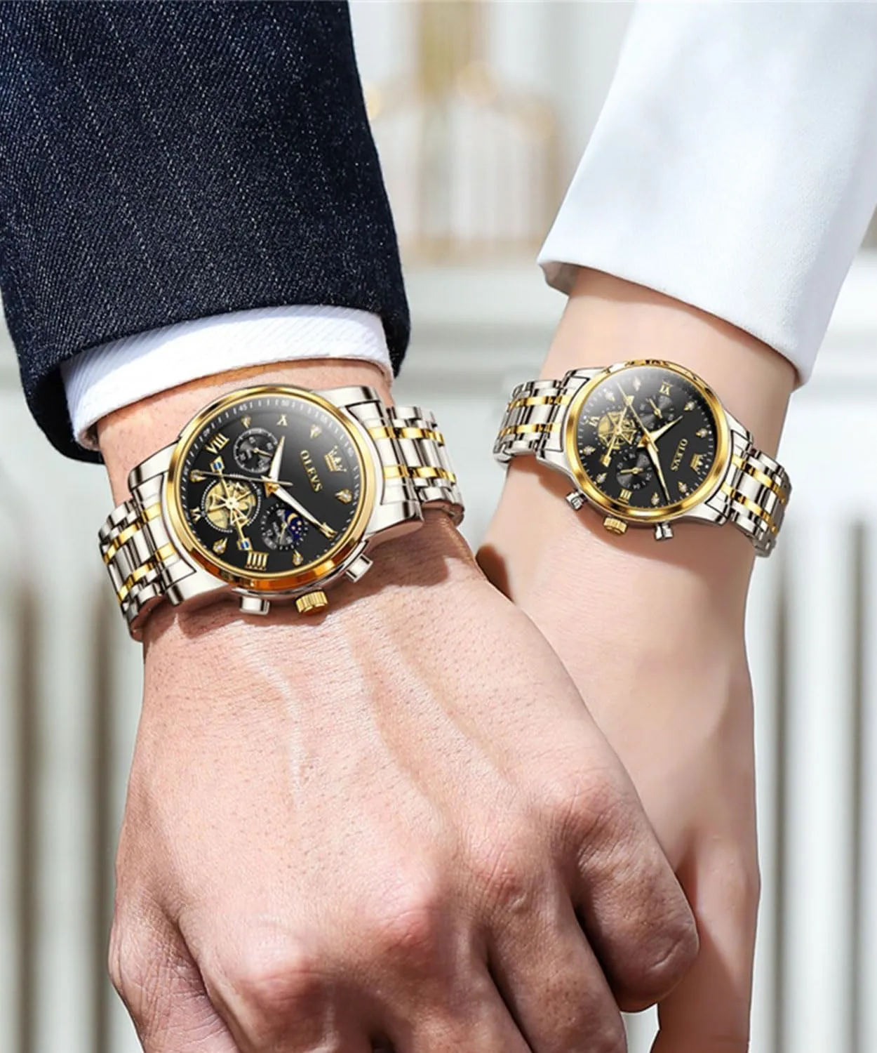 Set - His & Her Matching Watches with Diamond athlete yellow Accents - Romantic Valentine's Day Chronograph Watch OLEVS Couple Watch 