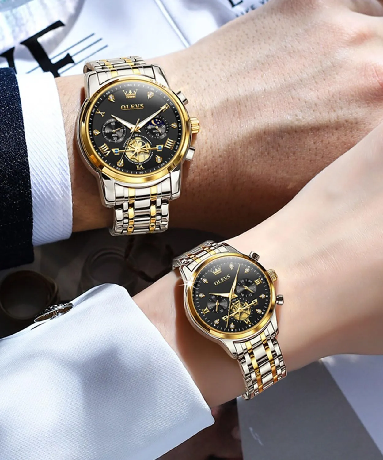 Set - His & Her Matching Watches with Diamond athlete yellow Accents - Romantic Valentine's Day Chronograph Watch OLEVS Couple Watch 