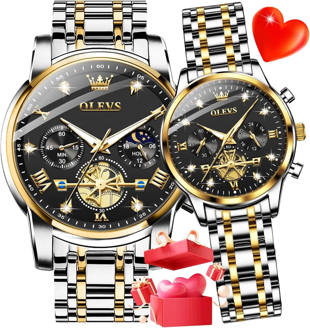 Set - His & Her Matching Watches with Diamond athlete yellow Accents - Romantic Valentine's Day Chronograph Watch OLEVS Couple Watch 