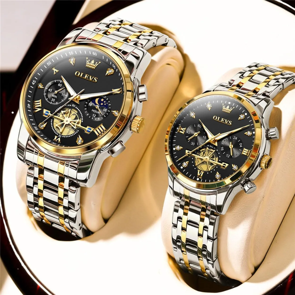 Set - His & Her Matching Watches with Diamond athlete yellow Accents - Romantic Valentine's Day Chronograph Watch OLEVS Couple Watch 