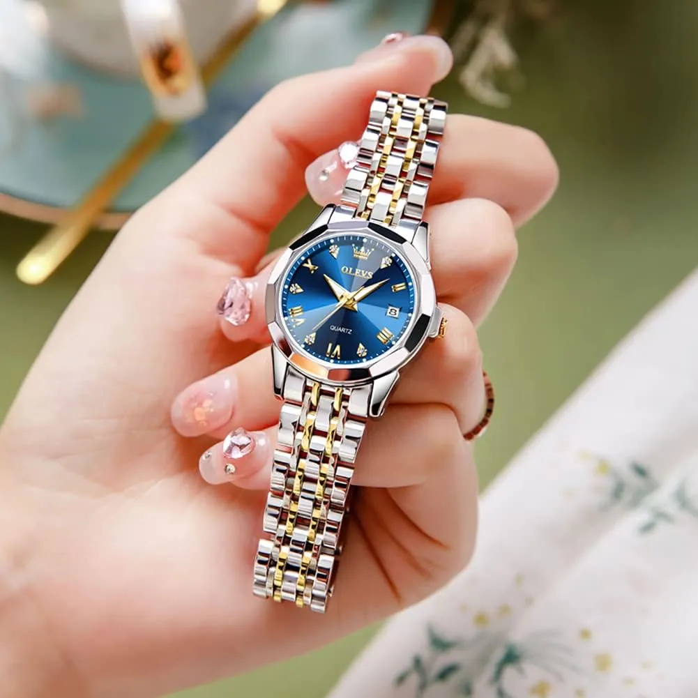 Set of 2 OLEVS Valentines Couple engage complementary react weave Pair Quartz Watches Luminous Calendar Date Window 3ATM Waterproof, Casual Stainless Steel His and Hers Wristwatch for Men Women Lovers Wedding Romantic Gifts 