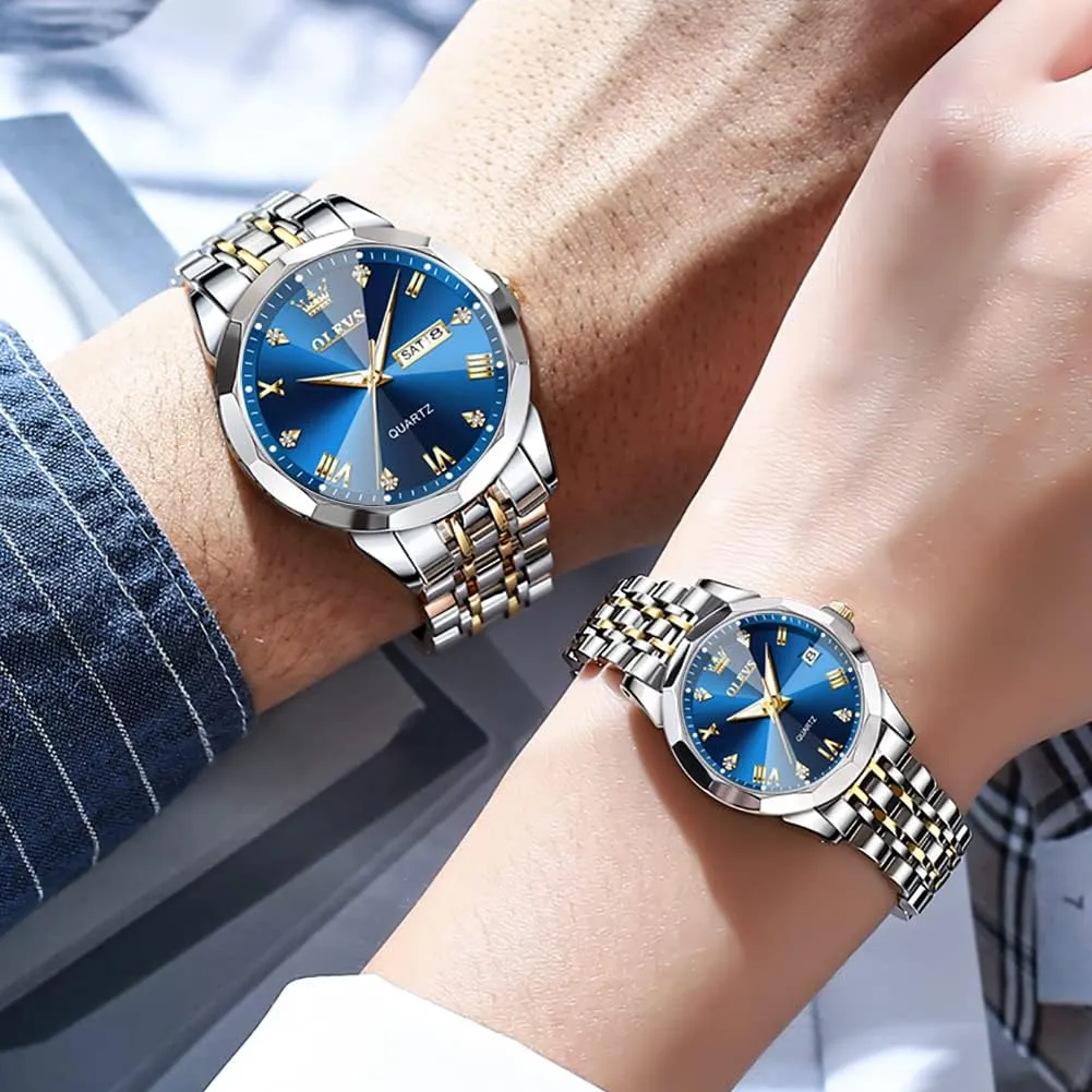 Set of 2 OLEVS Valentines Couple engage complementary react weave Pair Quartz Watches Luminous Calendar Date Window 3ATM Waterproof, Casual Stainless Steel His and Hers Wristwatch for Men Women Lovers Wedding Romantic Gifts 
