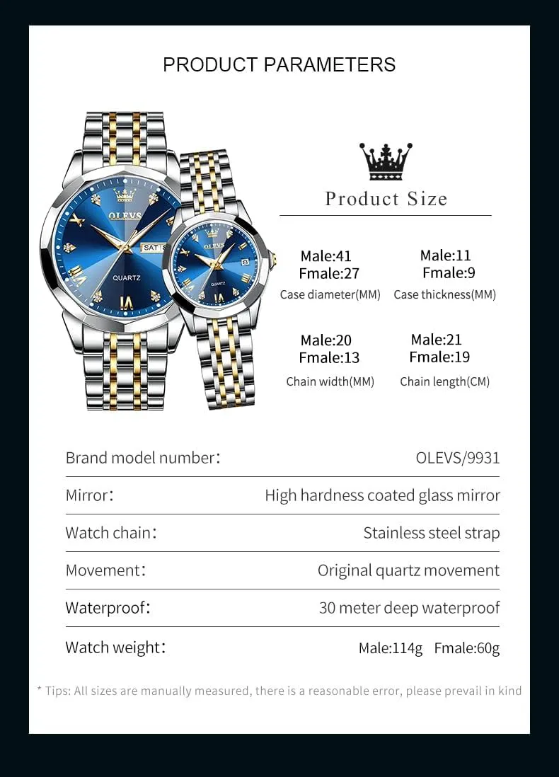Set of 2 OLEVS Valentines Couple engage complementary react weave Pair Quartz Watches Luminous Calendar Date Window 3ATM Waterproof, Casual Stainless Steel His and Hers Wristwatch for Men Women Lovers Wedding Romantic Gifts 