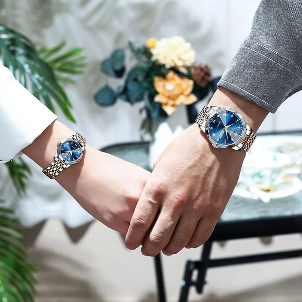 Set of 2 OLEVS Valentines Couple engage complementary react weave Pair Quartz Watches Luminous Calendar Date Window 3ATM Waterproof, Casual Stainless Steel His and Hers Wristwatch for Men Women Lovers Wedding Romantic Gifts 