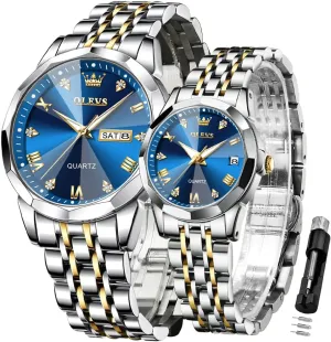 Set of 2 OLEVS Valentines Couple engage complementary react weave Pair Quartz Watches Luminous Calendar Date Window 3ATM Waterproof, Casual Stainless Steel His and Hers Wristwatch for Men Women Lovers Wedding Romantic Gifts 