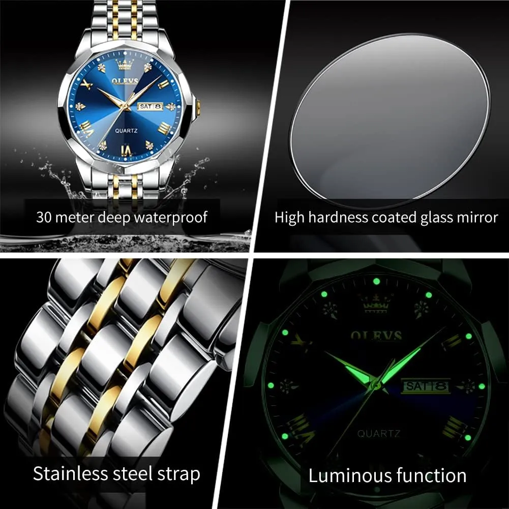 Set of 2 OLEVS Valentines Couple engage complementary react weave Pair Quartz Watches Luminous Calendar Date Window 3ATM Waterproof, Casual Stainless Steel His and Hers Wristwatch for Men Women Lovers Wedding Romantic Gifts 