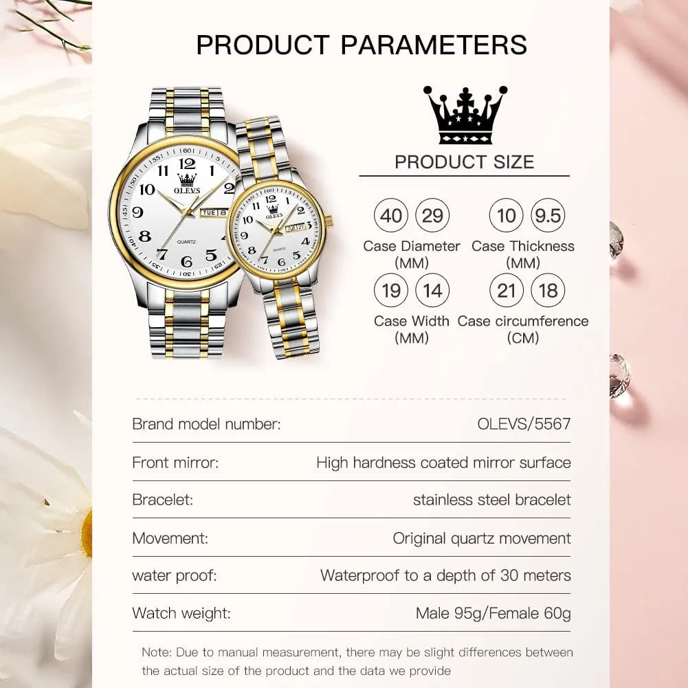 Set Pair Black Watch Matching Romantic Quartz stretcher Andromeda coaming yellow repute rib Stainless Steel Waterproof Date OLEVS His and Her Couple Watches Business Men Women Couple 
