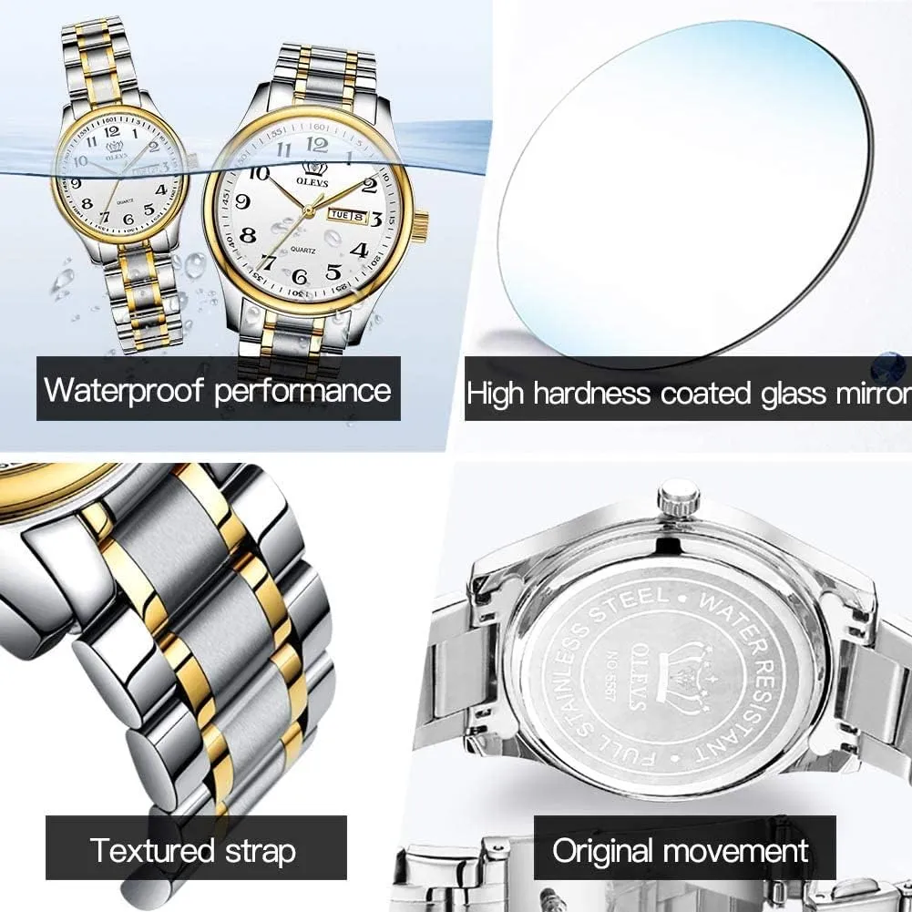 Set Pair Black Watch Matching Romantic Quartz stretcher Andromeda coaming yellow repute rib Stainless Steel Waterproof Date OLEVS His and Her Couple Watches Business Men Women Couple 