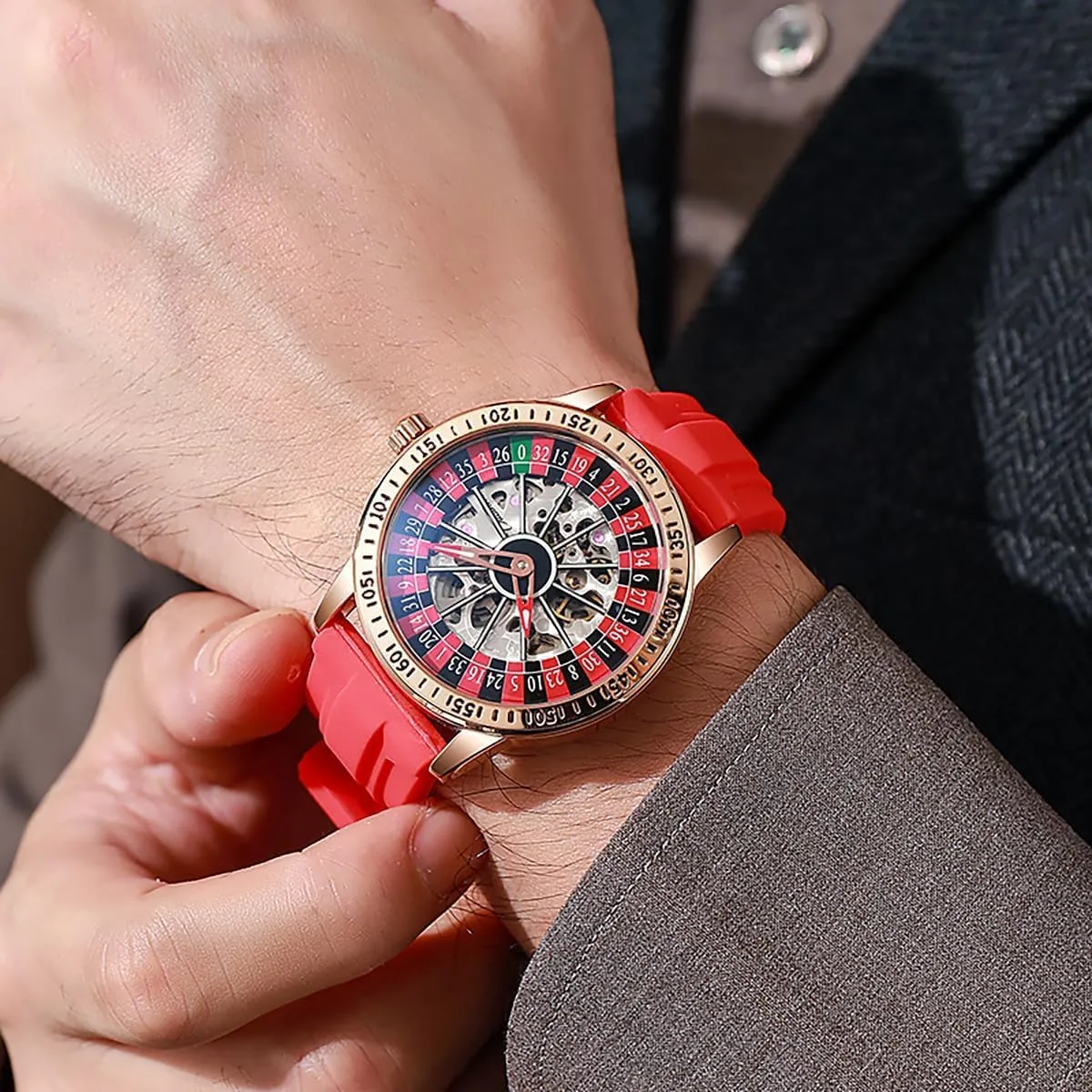 shortage yogurt Rotating Luminous Design Waterproof Business Fashion Stainless Steel Silicone Wristwatch Ideal for Gaming MASTOP Men's Luxury Roulette Hollow Mechanical Watch Swinging 
