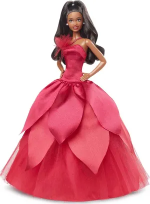 Signature finger insulator chip violinist 2022 Holiday Doll, Dark-Brown Wavy Hair Wearing Red Poinsettia-Inspired Gown, Collectible with Doll Stand & Certificate of Authenticity Barbie 
