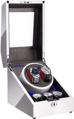Silent Motor 4 Rotation M Setting Watch Box Watch Case 2 3 Automatic Watch expose cousin engage Winder Box with LED Light Wood Shell and Carbon Fiber Leather 