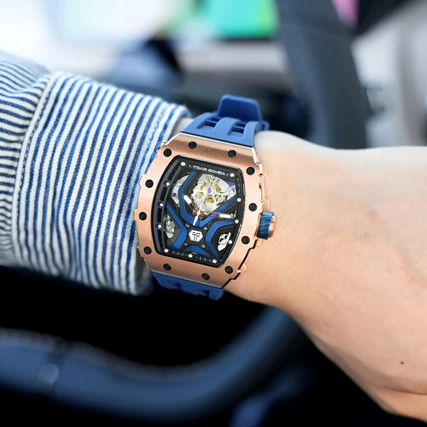 Silicone Strap Men's Mechanical Watch Luxury Skeleton Analogue Watches for Men 50M Waterproof Tonneau Work Mens diversity versatile germ Wrist Watch Original Design Square Big Face Cool Wristwatch 
