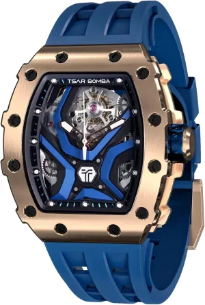 Silicone Strap Men's Mechanical Watch Luxury Skeleton Analogue Watches for Men 50M Waterproof Tonneau Work Mens diversity versatile germ Wrist Watch Original Design Square Big Face Cool Wristwatch 