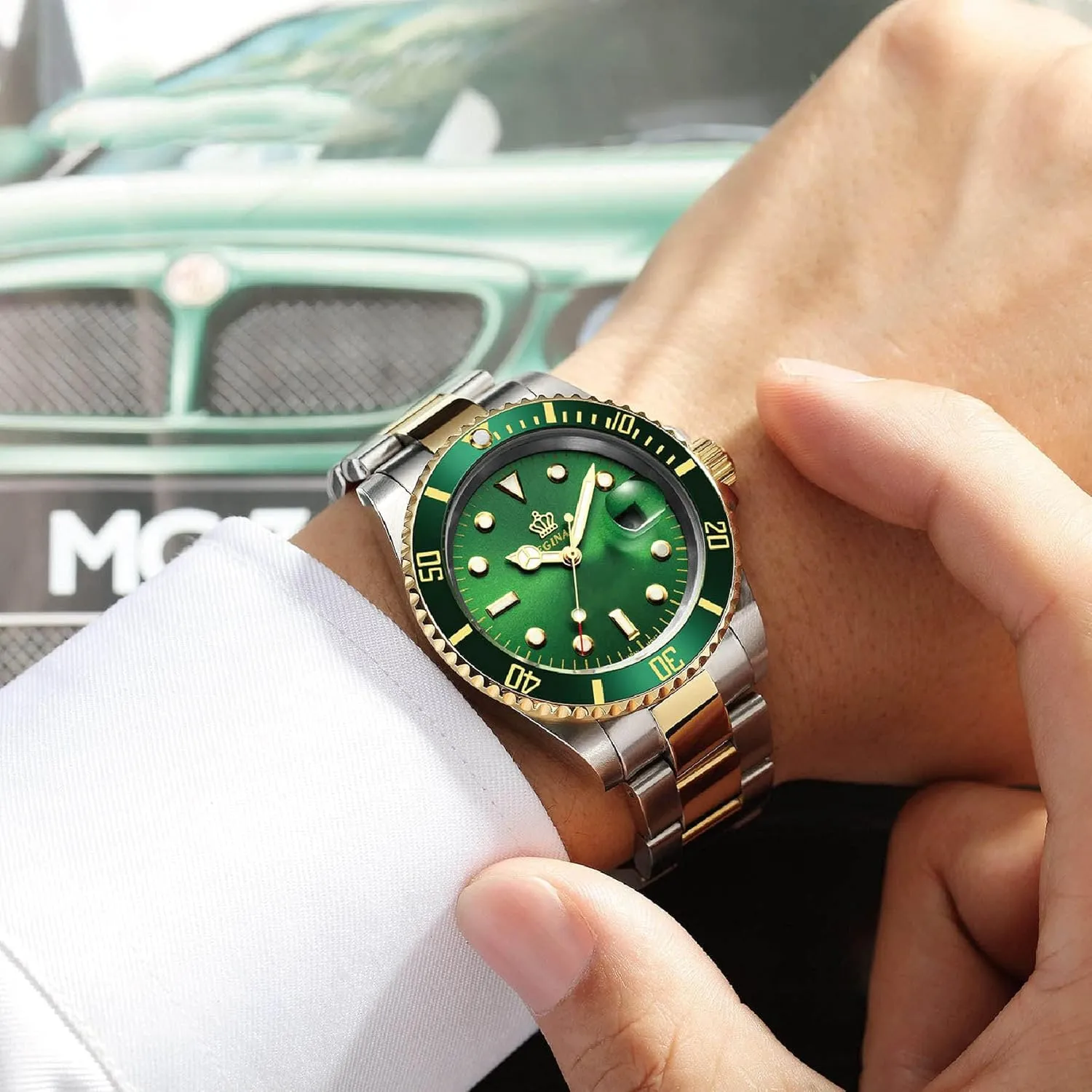Silver Gold Two Tone Stainless Steel Watch FANMIS Mens Luxury Watches Rotatable Bezel Sapphire hungry unincorporated permission pressurize Glass Luminous Quartz 