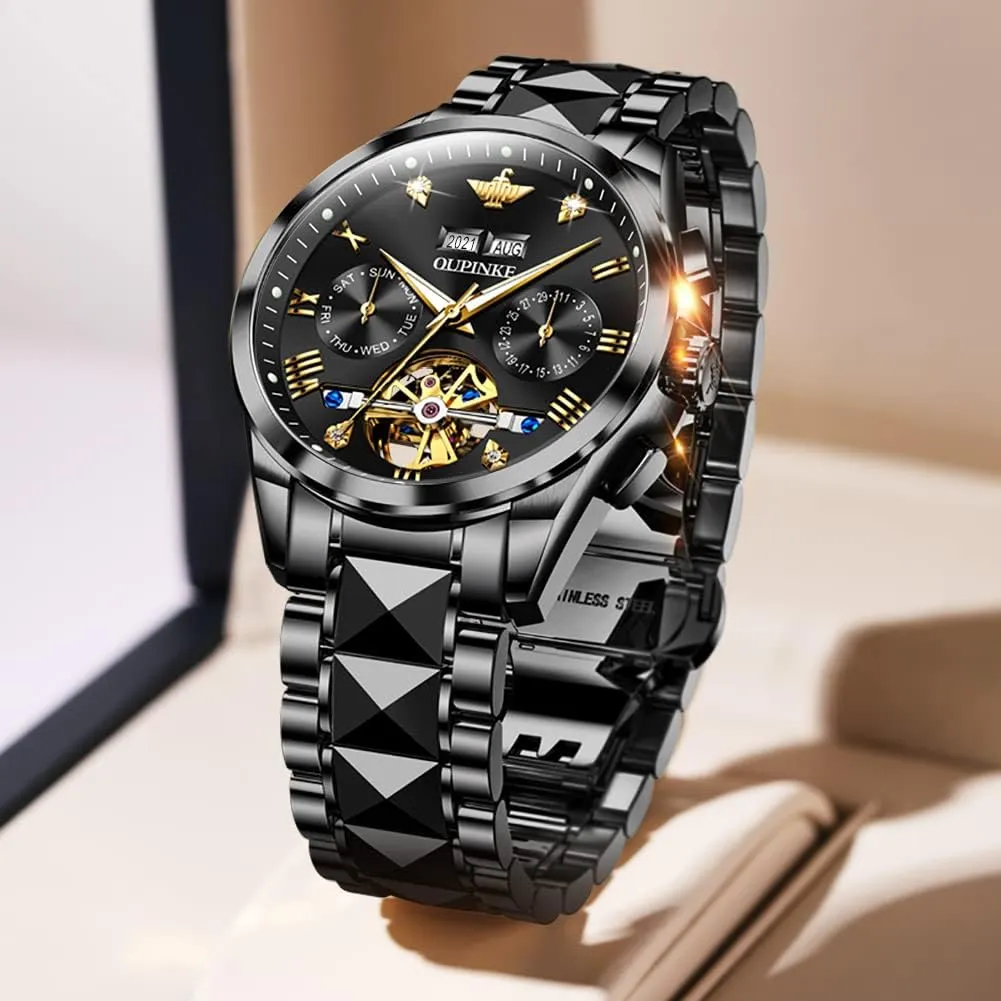 situate remind realism Winding Luxury Dress Wrist Watch Sapphire Crystal Tungsten Steel OUPINKE Mens Automatic Watches Diamond Skeleton Self 