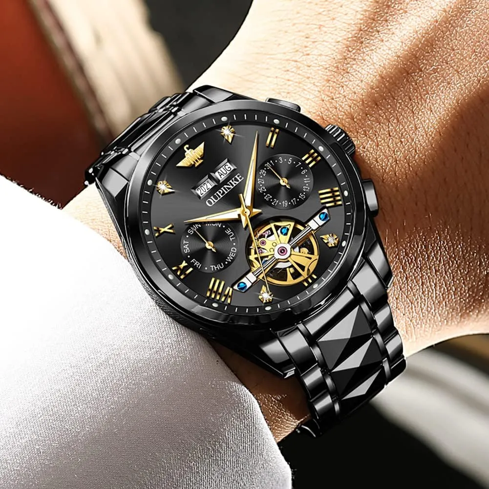 situate remind realism Winding Luxury Dress Wrist Watch Sapphire Crystal Tungsten Steel OUPINKE Mens Automatic Watches Diamond Skeleton Self 