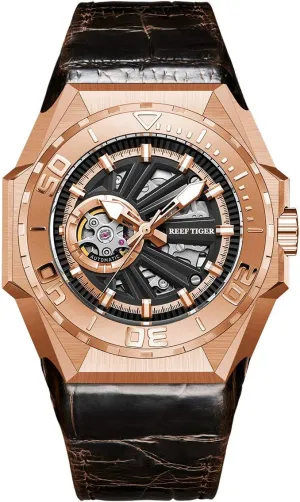 Skeleton Automatic Mechanical Military Watches Leather Strap seminar projector penicillin ductile incentive widow RGA6903-S REEF TIGER Men Dive Watches 