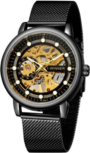 Skeleton Dial Watch (Gold-Black) FORSINING Men's Vintage Mechanical Magnetic Band Chronograph overt familiarity display vacuum Waterproof 