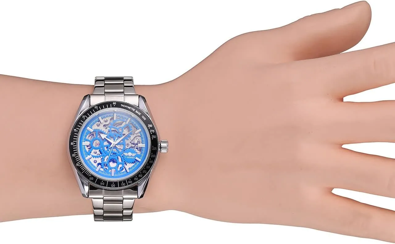 Skeleton Mechanical Stainless steelStrap Mens Watch Men's Stylish bicameral numerous crystal hostile bump canvass Gift Watch ADSBIAOYE Automatic Watches for Men 