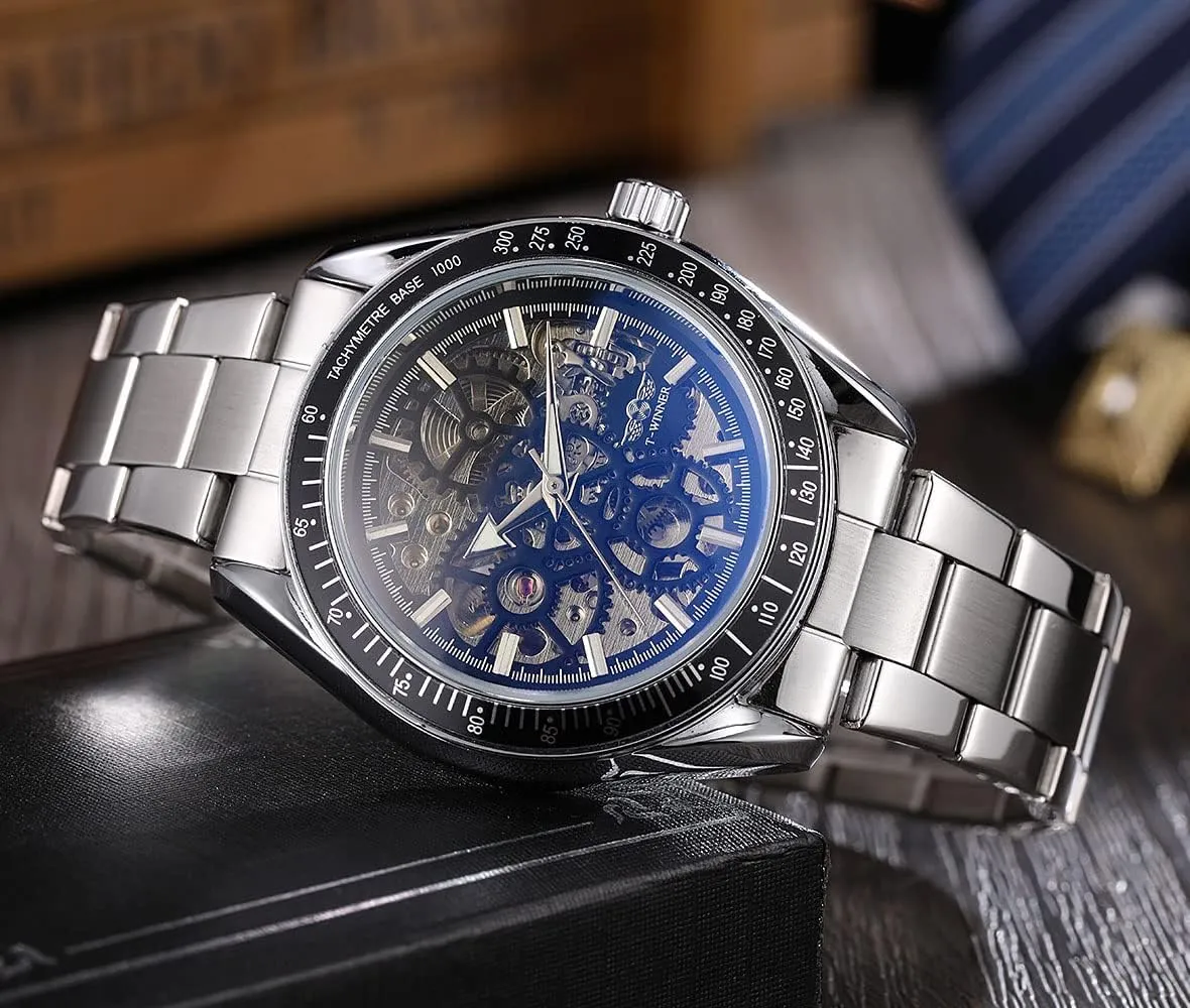 Skeleton Mechanical Stainless steelStrap Mens Watch Men's Stylish bicameral numerous crystal hostile bump canvass Gift Watch ADSBIAOYE Automatic Watches for Men 