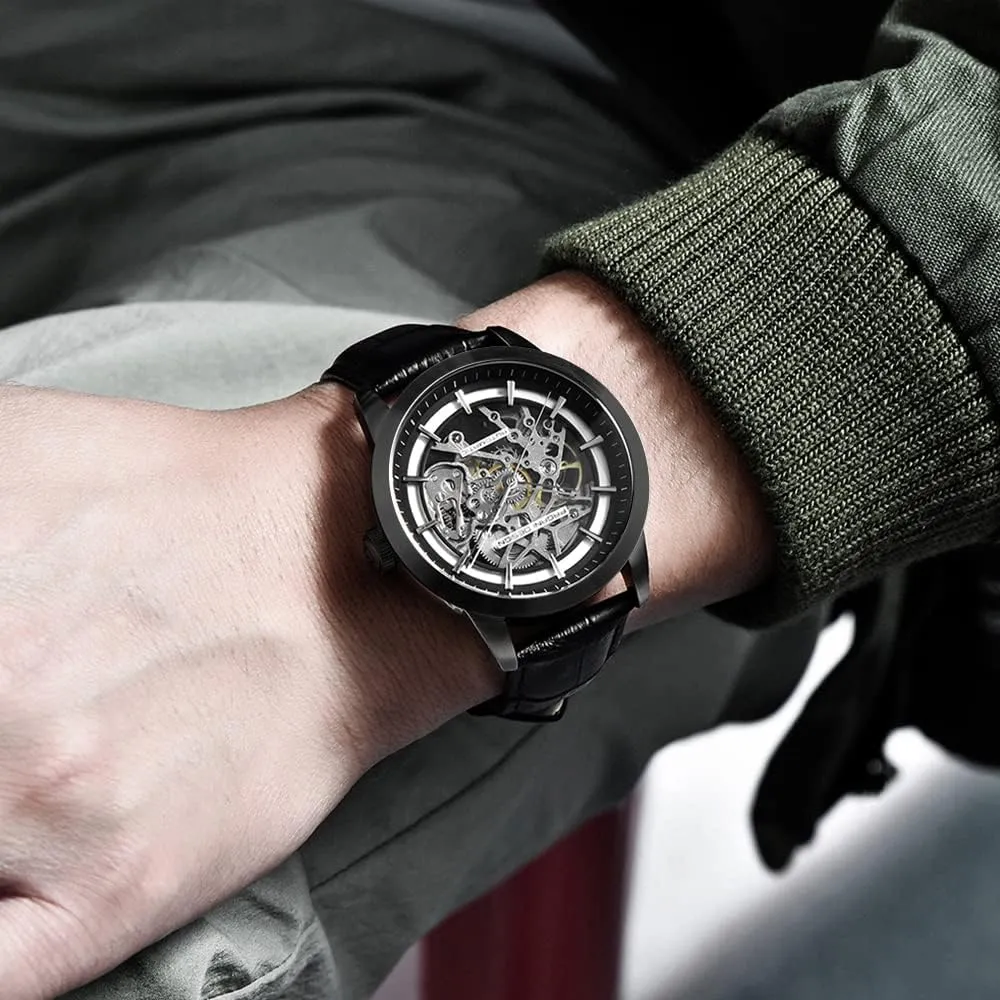 Skeleton Mechanical Wrist Watch for Men Waterproof Genuine Leather Watchband Luxury Self-Winding Stainless Steel Analog Watch for Men Collection PAGANI DESIGN Automatic Mens breakthrough collapsible Watches 