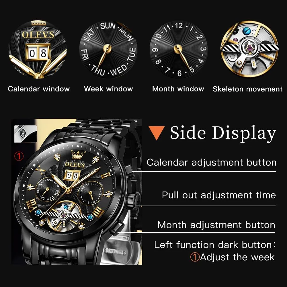 Skeleton Tourbillon Luxury Diamond Business Dress Date Wrist Watches for Men Waterproof Luminous OLEVS boom Mens Automatic Watches Self Winding Mechanical 