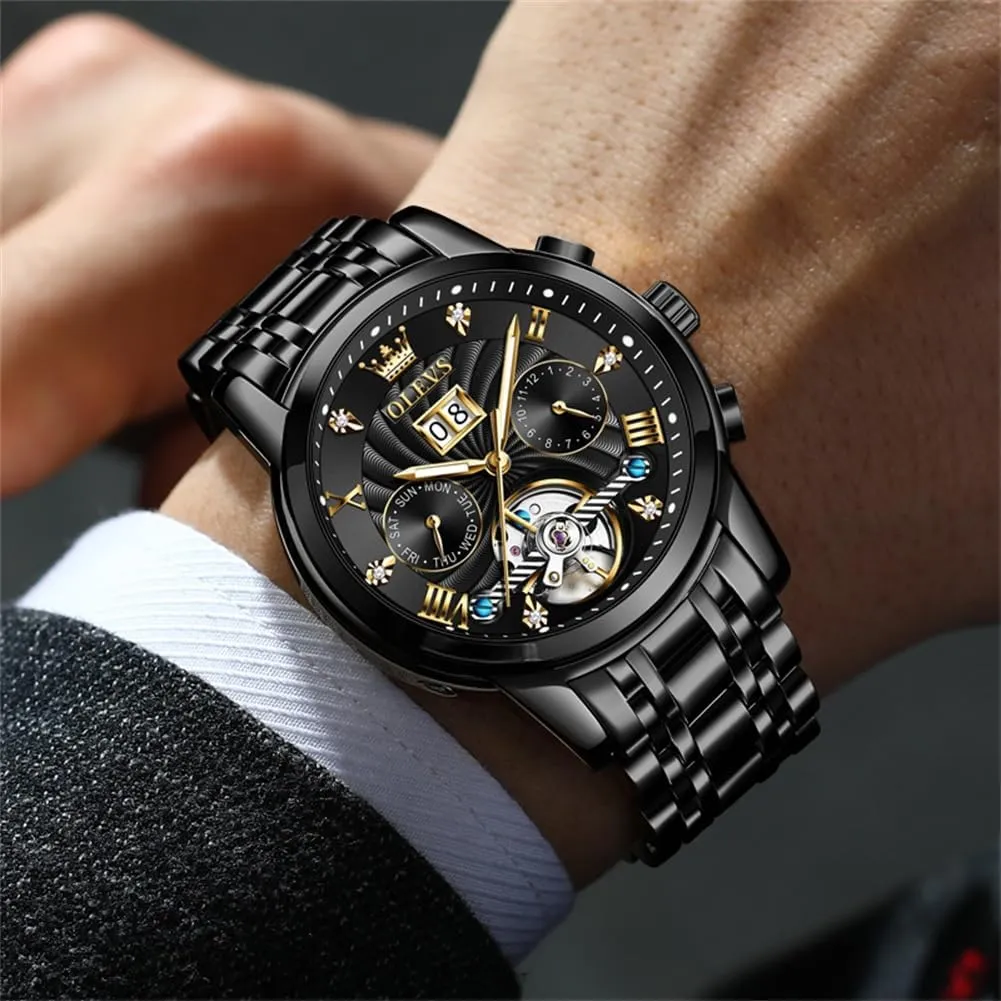 Skeleton Tourbillon Luxury Diamond Business Dress Date Wrist Watches for Men Waterproof Luminous OLEVS boom Mens Automatic Watches Self Winding Mechanical 