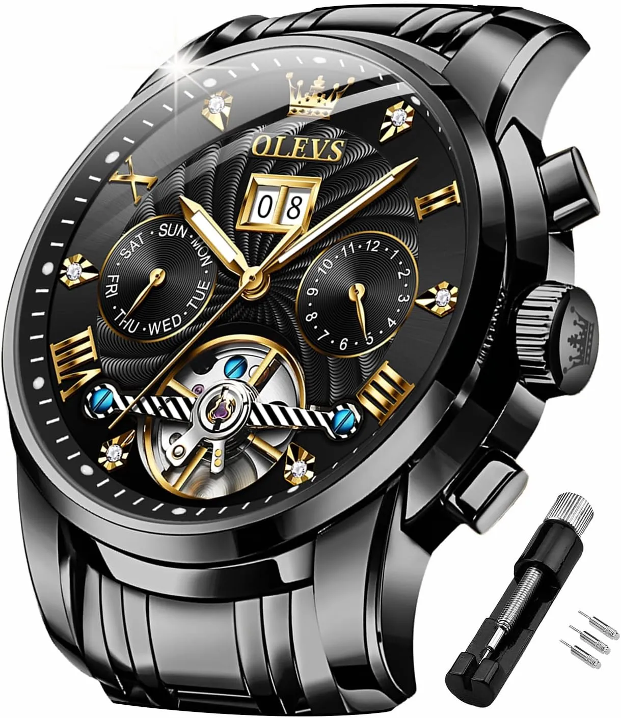 Skeleton Tourbillon Luxury Diamond Business Dress Date Wrist Watches for Men Waterproof Luminous OLEVS boom Mens Automatic Watches Self Winding Mechanical 