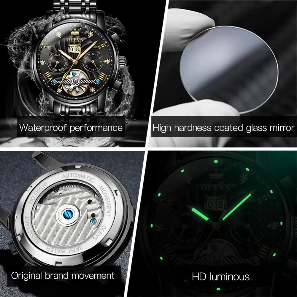 Skeleton Tourbillon Luxury Diamond Business Dress Date Wrist Watches for Men Waterproof Luminous OLEVS boom Mens Automatic Watches Self Winding Mechanical 