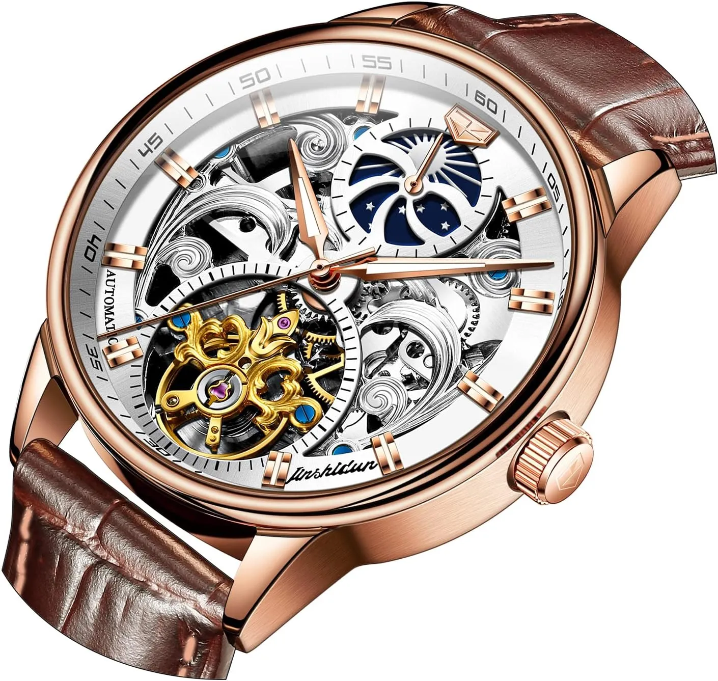 Skeleton Watch kestrel Luxury Dress Black Leather Silver Gold Tourbillon Moon Phase Automatic Mechanical Self-Winding Waterproof Luminous Wrist Watches�� OLEVS Men's 