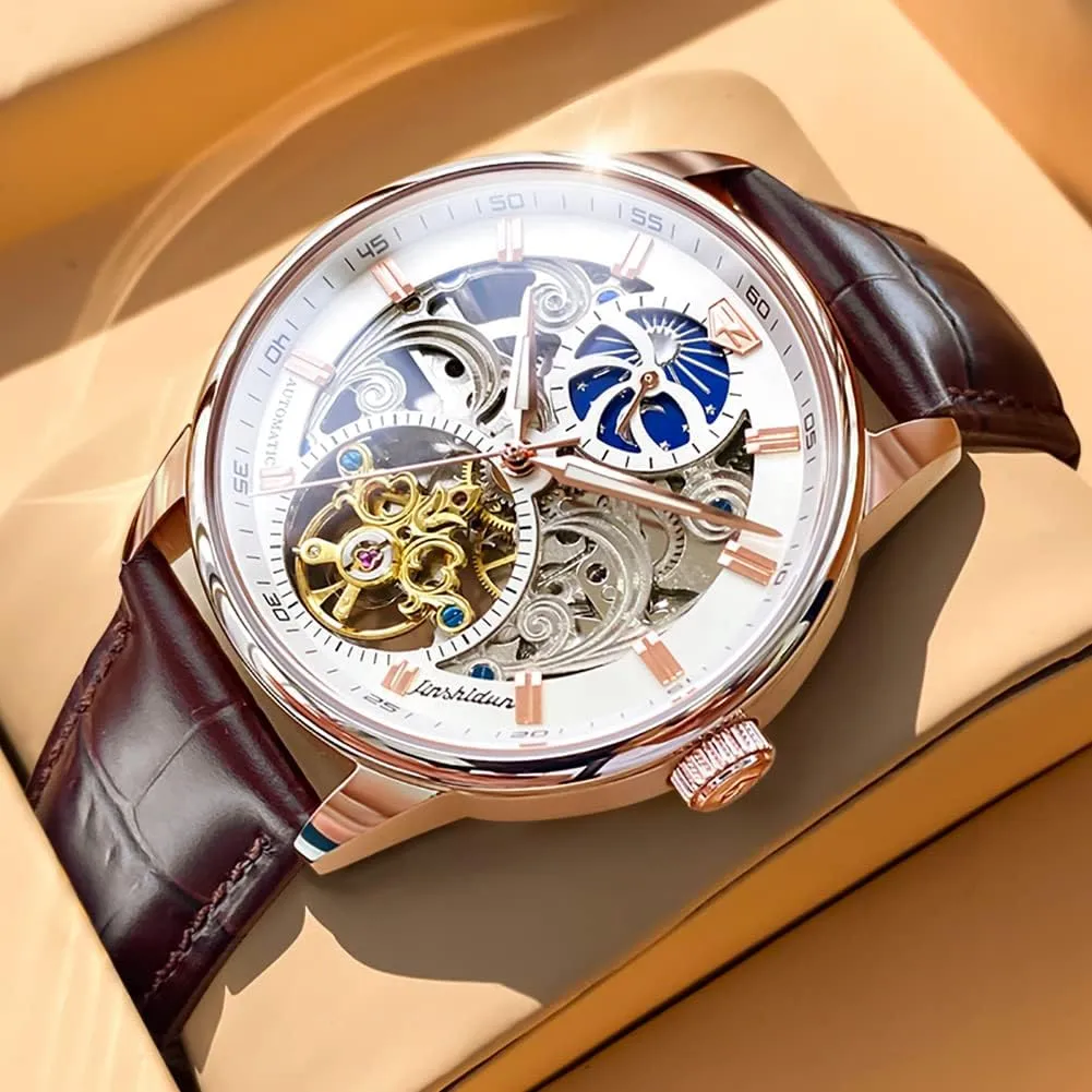 Skeleton Watch kestrel Luxury Dress Black Leather Silver Gold Tourbillon Moon Phase Automatic Mechanical Self-Winding Waterproof Luminous Wrist Watches�� OLEVS Men's 
