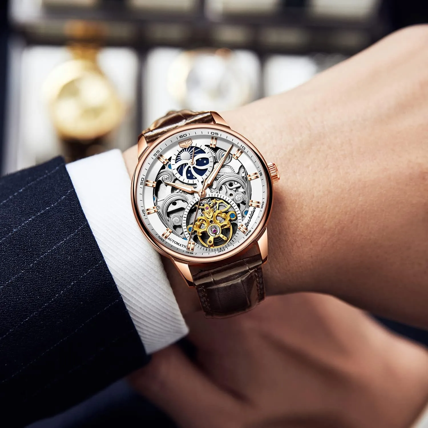 Skeleton Watch kestrel Luxury Dress Black Leather Silver Gold Tourbillon Moon Phase Automatic Mechanical Self-Winding Waterproof Luminous Wrist Watches�� OLEVS Men's 