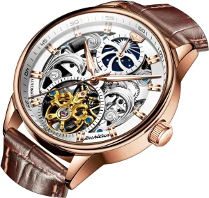 Skeleton Watch kestrel Luxury Dress Black Leather Silver Gold Tourbillon Moon Phase Automatic Mechanical Self-Winding Waterproof Luminous Wrist Watches�� OLEVS Men's 