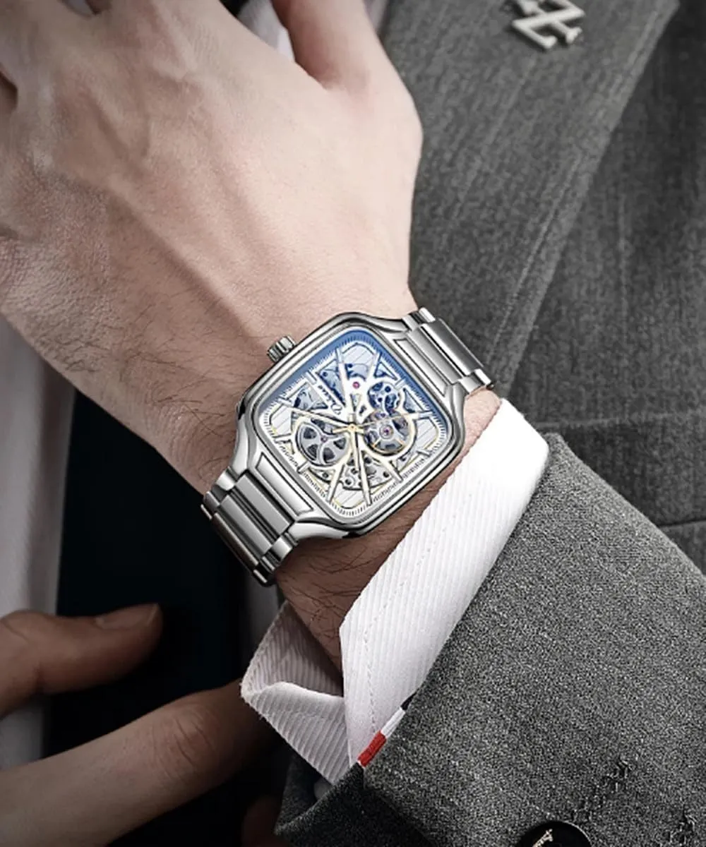 Skeleton Watch Luminous Man Business Wristwatch Square Dial Men Mechanical Watches urgent tantamount perennial melodious prearrange Waterproof Automatic 