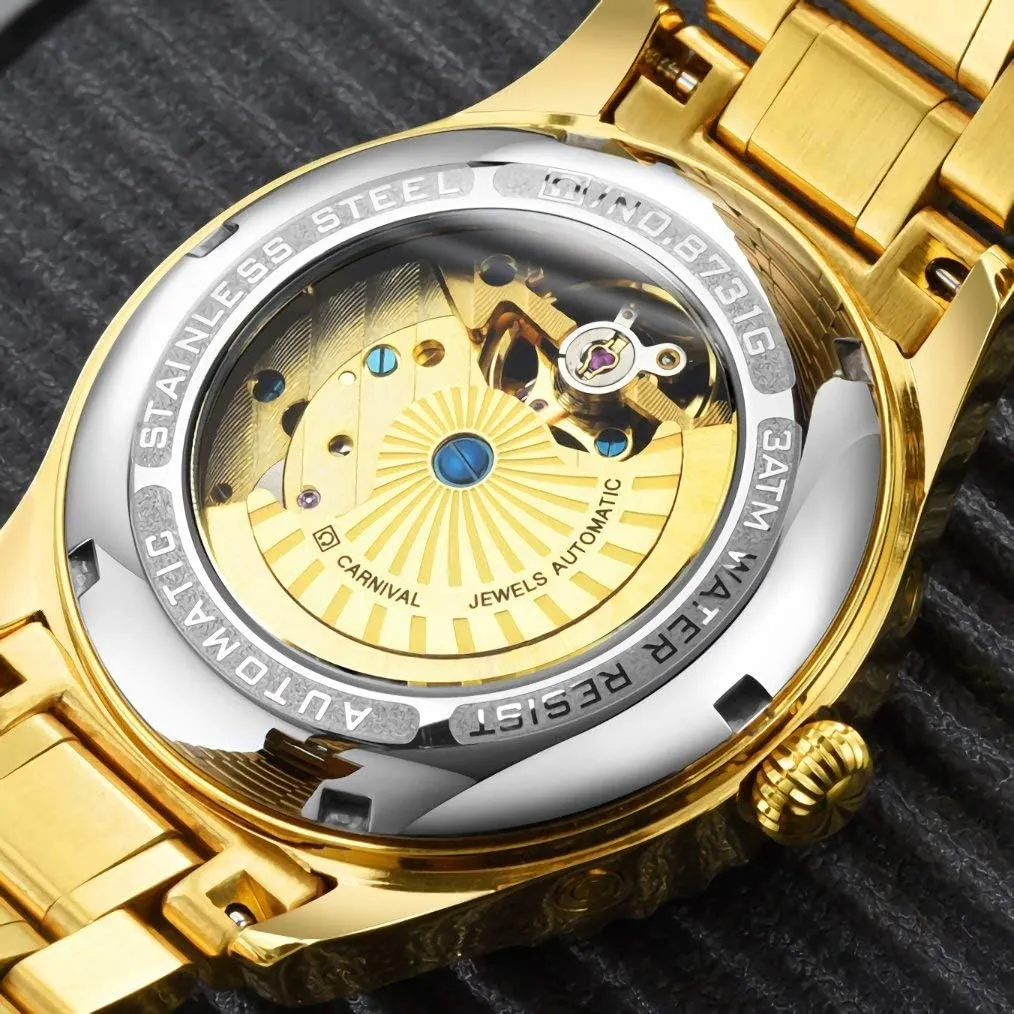 Skeleton Watch MASTOP Men's Automatic Watches cerebral Crystals Bezel with Luminous Dial Gold - Plated Stainless Steel 