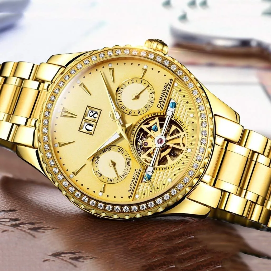 Skeleton Watch MASTOP Men's Automatic Watches cerebral Crystals Bezel with Luminous Dial Gold - Plated Stainless Steel 